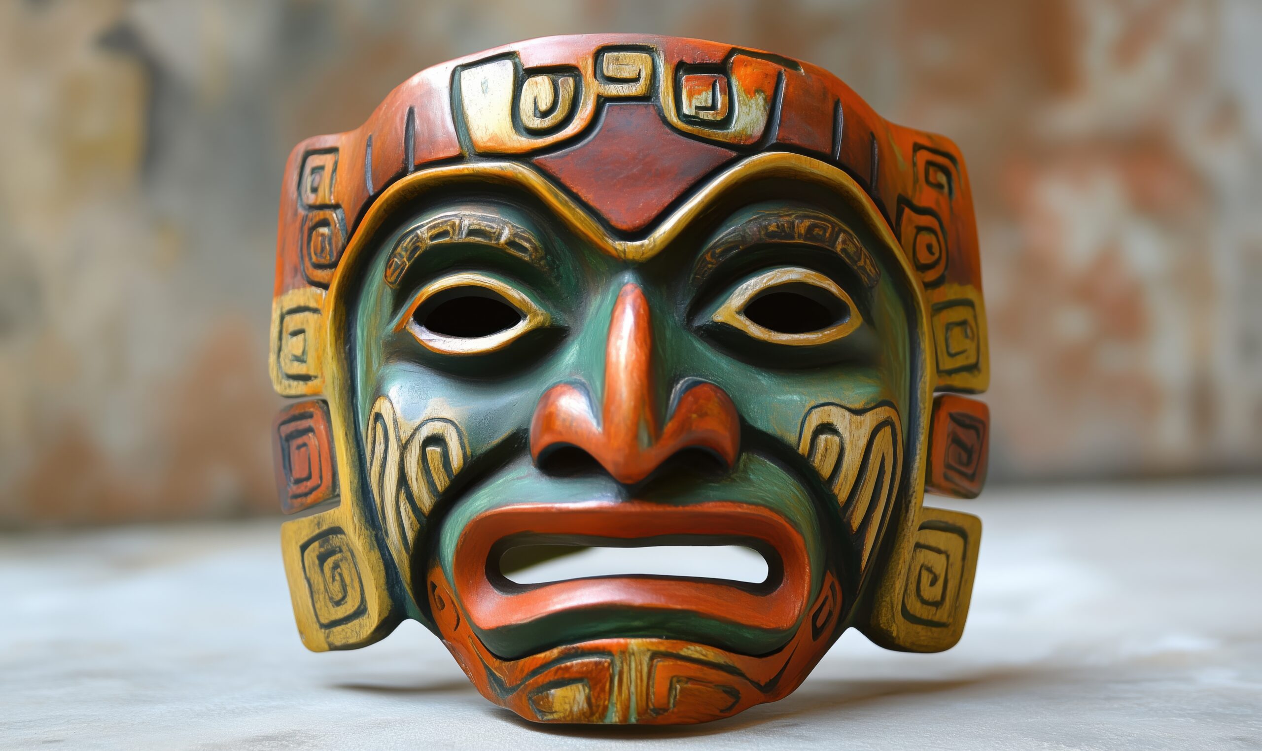 Colorful tribal mask, intricate design, vibrant colors, cultural significance, handcrafted artistry. AI generated