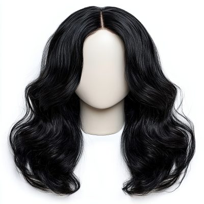 This image features a front view of a black wig showcasing soft, natural curls. Ideal for beauty and fashion projects, it highlights texture and elegance.