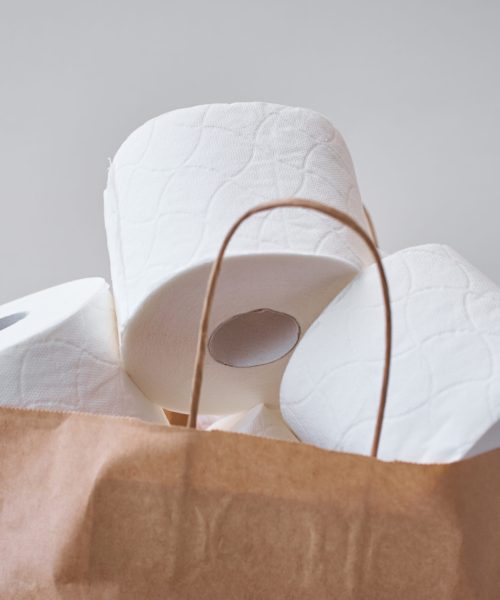 Toiket paper rolls in a shopping bag. Buying panic about coronavirus covid-19 for home quarantine concept